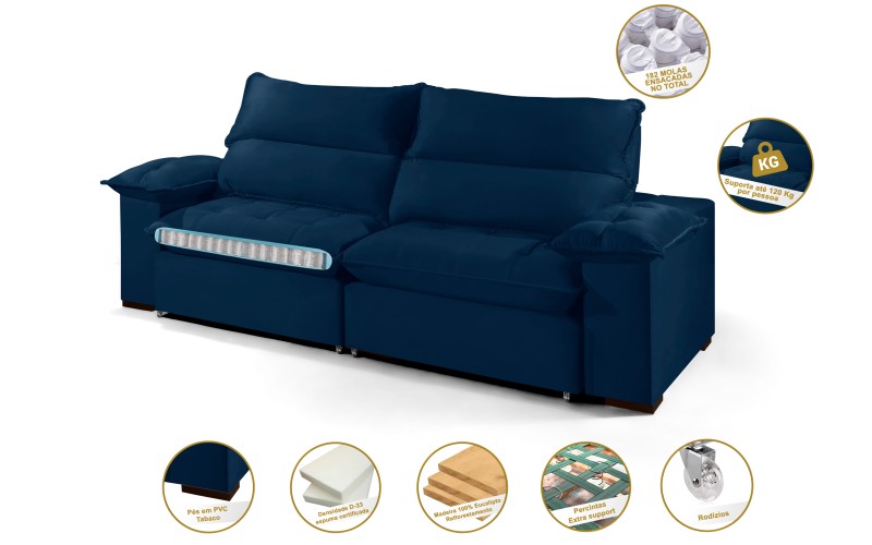 Sofá Retrátil e Reclinável 2.50m ESTILO ESTOFADOS - OSLO com SoftGel D33 Velusoft "Azul" Sofá Retrátil e Reclinável 2.50m ESTILO ESTOFADOS - OSLO com SoftGel D33 Velusoft "Azul"