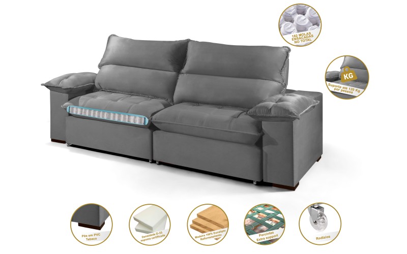 Sofá Retrátil e Reclinável 2.50m ESTILO ESTOFADOS - OSLO com SoftGel D33 Velusoft "Cinza" Sofá Retrátil e Reclinável 2.50m ESTILO ESTOFADOS - OSLO com SoftGel D33 Velusoft "Cinza"