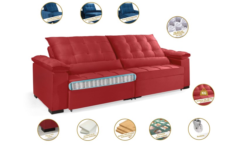 Sofá Retrátil e Reclinável RENEW 2.50m ESTILO ESTOFADOS - França Velusoft Cor "Vermelho" Sofá Retrátil e Reclinável RENEW 2.50m ESTILO ESTOFADOS - França Velusoft Cor "Vermelho"