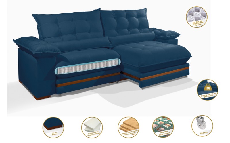Sofá Retrátil Reclinável IRÃ 2.20m ESTILO ESTOFADOS - França Velusoft COR "AZUL" Sofá Retrátil Reclinável IRÃ 2.20m ESTILO ESTOFADOS - França Velusoft COR "AZUL"
