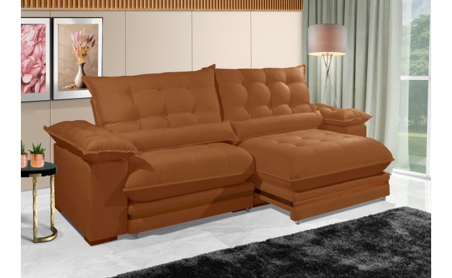 Sofá Retrátil Reclinável IRÃ 2.90m ESTILO ESTOFADOS - França Velusoft COR "TERRA COTA"