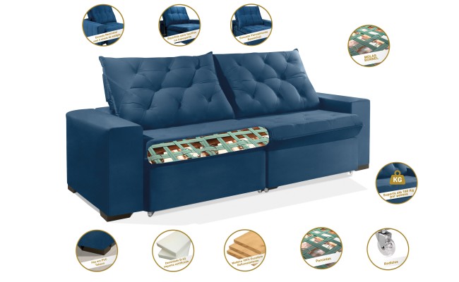 Sofá Retrátil e Reclinável 2,70m ESTILO ESTOFADOS - EUROPA com SoftGel D33 Velupluma "Azul"