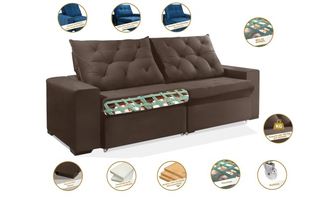 Sofá Retrátil e Reclinável 2,70m ESTILO ESTOFADOS - EUROPA com SoftGel D33 Velupluma "Marrom"
