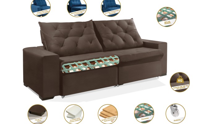 Sofá Retrátil e Reclinável 2,70m ESTILO ESTOFADOS - EUROPA com SoftGel D33 Velupluma "Marrom"