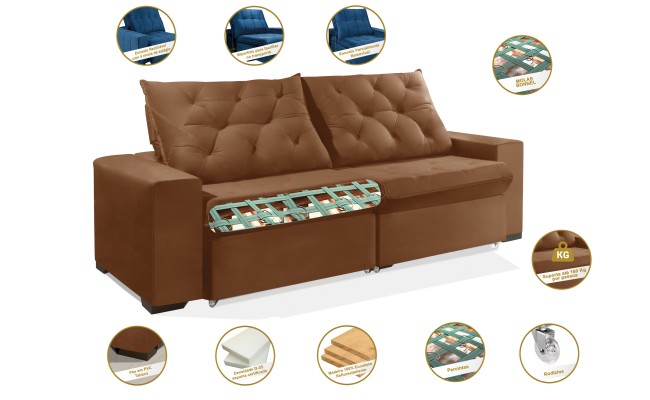 Sofá Retrátil e Reclinável 2,70m ESTILO ESTOFADOS - EUROPA com SoftGel D33 Velupluma "Terracota"