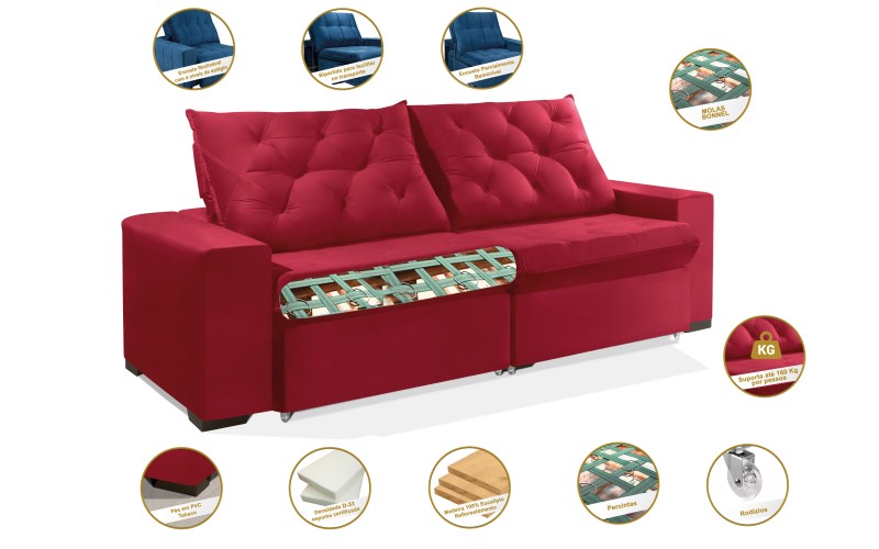 Sofá Retrátil e Reclinável 2.10m ESTILO ESTOFADOS - EUROPA com SoftGel D33 Velupluma "Vermelho" Sofá Retrátil e Reclinável 2.10m ESTILO ESTOFADOS - EUROPA com SoftGel D33 Velupluma "Vermelho"