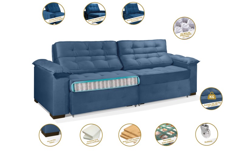 Sofá Retrátil e Reclinável 2,50m ESTILO ESTOFADOS - PARIS 2 módulos com Velusoft D33 "AZUL" Sofá Retrátil e Reclinável 2,50m ESTILO ESTOFADOS - PARIS 2 módulos com Velusoft D33 "AZUL"