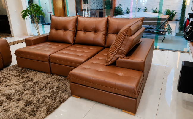  Sofá de Canto Viena em Couro Ecológico 2,48x2,10 | Chaise Retrátil e Reclinável