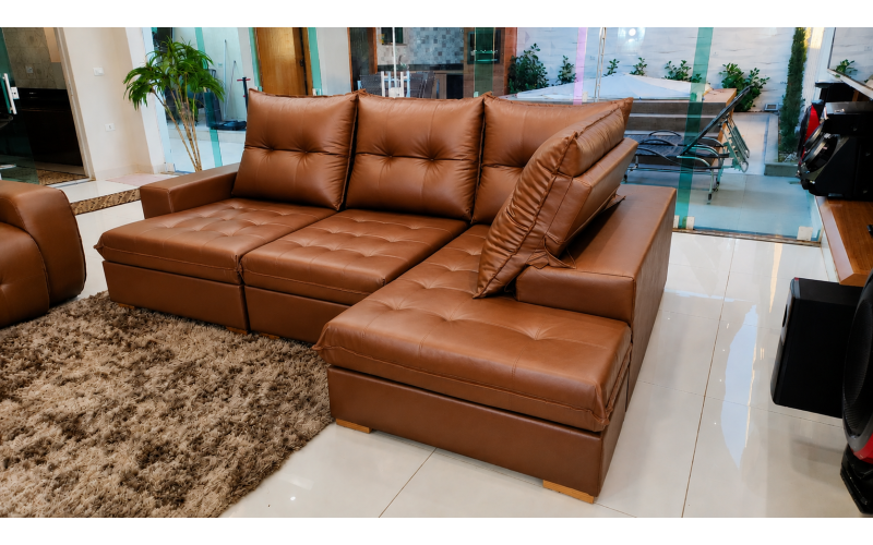  Sofá de Canto Viena em Couro Ecológico 2,48x2,10 | Chaise Retrátil e Reclinável