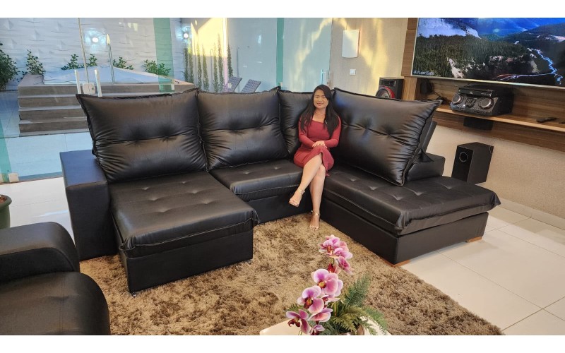 Sofá de Canto Viena em Couro Ecológico 2,48x2,10| Chaise Retrátil e Reclinável